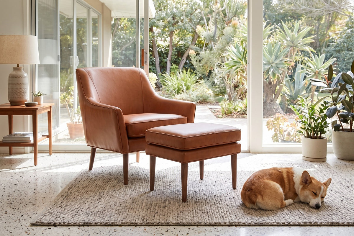 Nyons Leather Armchair & Ottoman – Mid-Century Curved Back, Tapered Walnut Legs