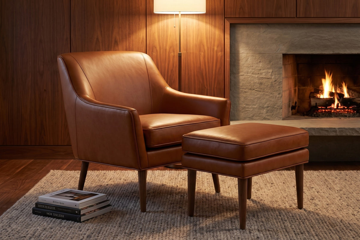 Nyons Leather Armchair & Ottoman – Mid-Century Curved Back, Tapered Walnut Legs