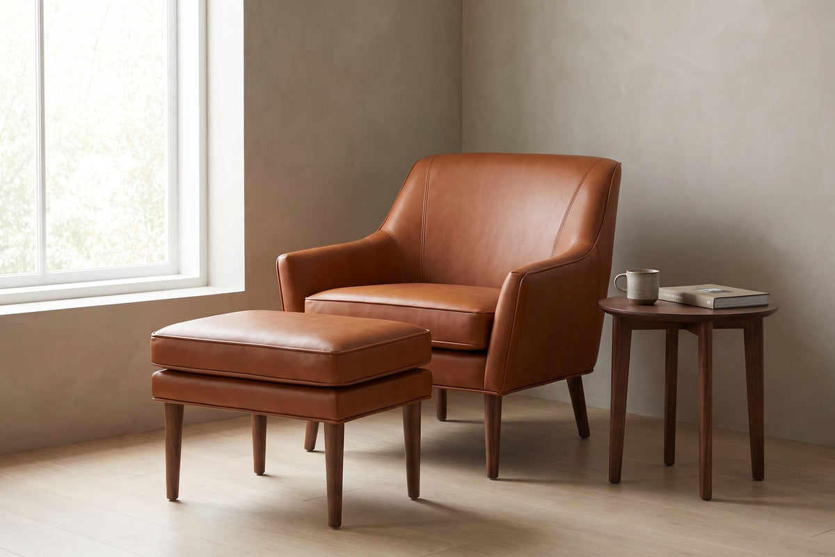 Nyons Cognac Leather Armchair and Ottoman in a home