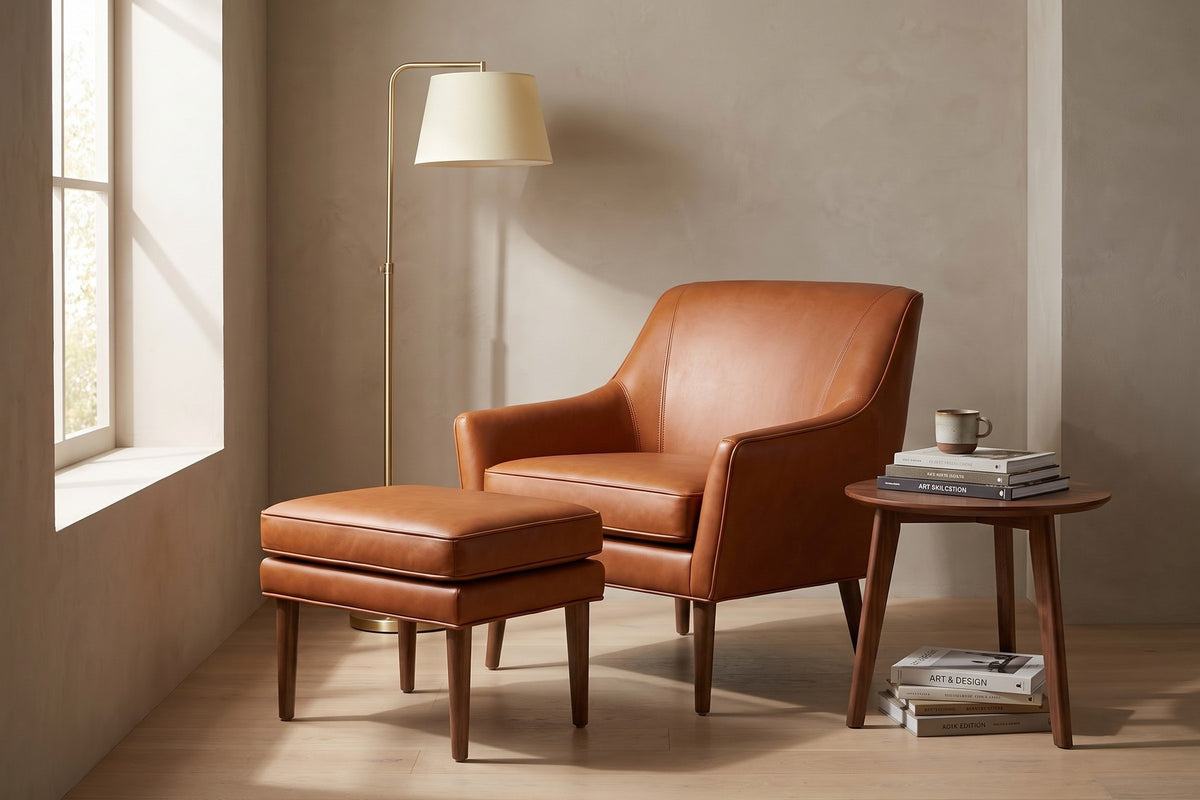 Nyons Leather Armchair & Ottoman – Mid-Century Curved Back, Tapered Walnut Legs