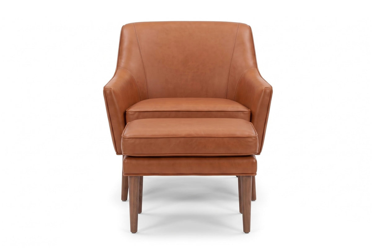 Nyons Cognac Leather Armchair and Ottoman, straight front view at seat height, with the ottoman in front of the chair