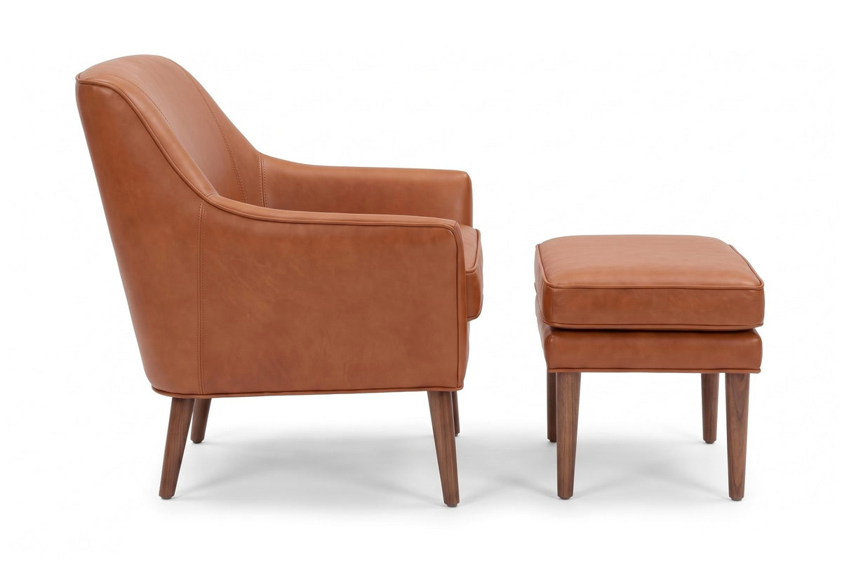 Nyons Cognac Leather Armchair and Ottoman, straight side view from the right at seat height, showing the curve of the back and arm and the ottoman beside the chair