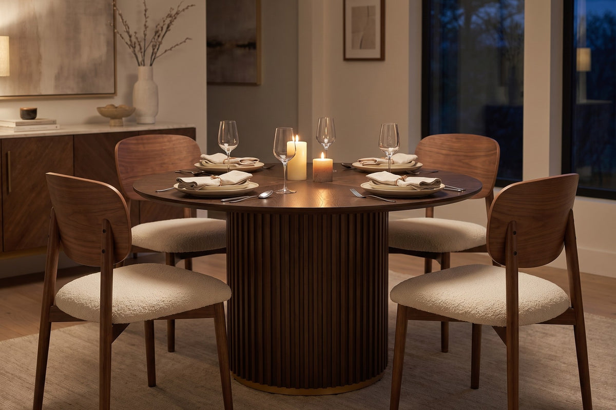 Set for four at dusk. One drum underneath, so every chair pulls in the same way.