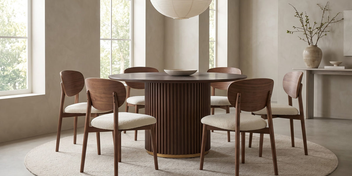 Odeon 47-inch round walnut-finish dining table with a slatted drum pedestal in a wide, calm dining room