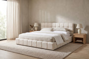 Odette cream-beige chenille king bed with a square-tufted headboard in a calm, daylit bedroom