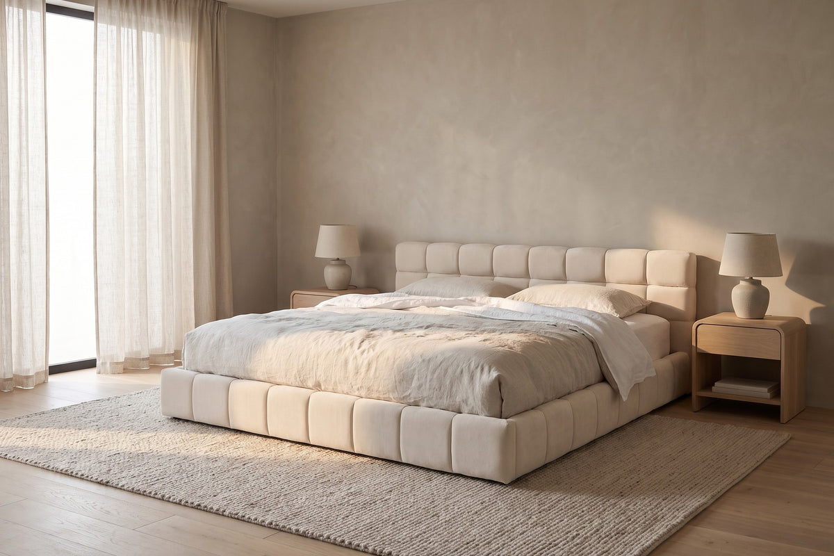 Odette Square-Tufted Chenille Platform Bed – Cream Beige, King