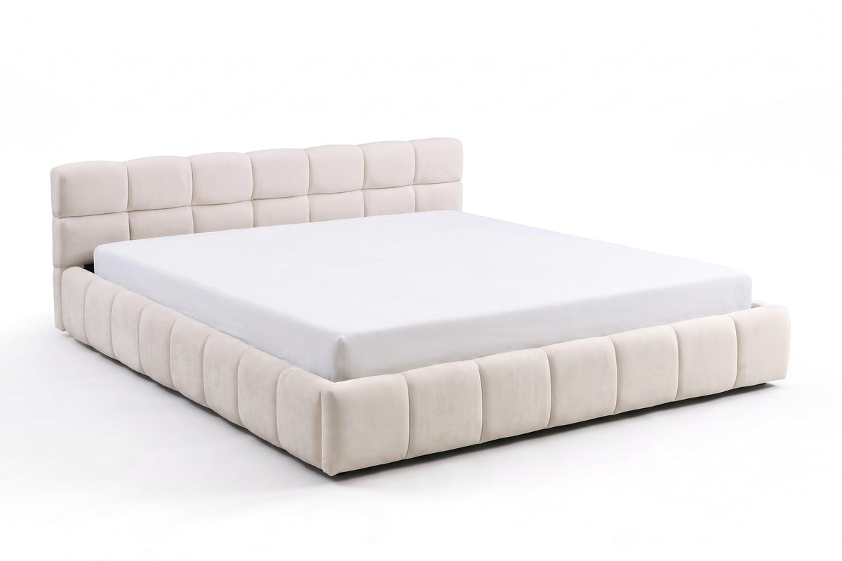 Odette Square-Tufted Chenille Platform Bed – Cream Beige, King