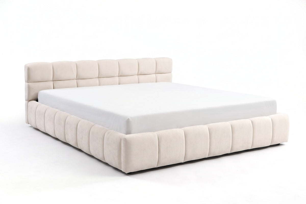 Odette Square-Tufted Chenille Platform Bed – Cream Beige, King