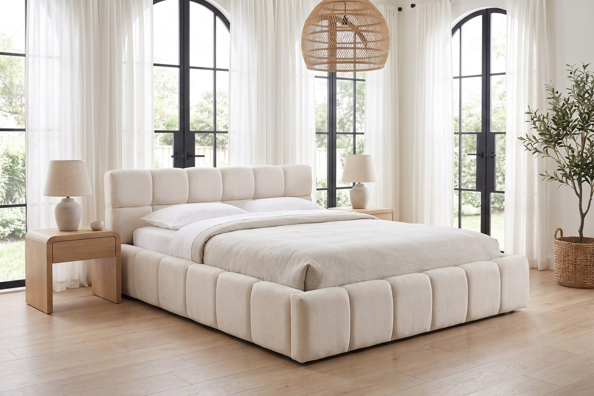 Odette Square-Tufted Chenille Platform Bed – Cream Beige, Queen