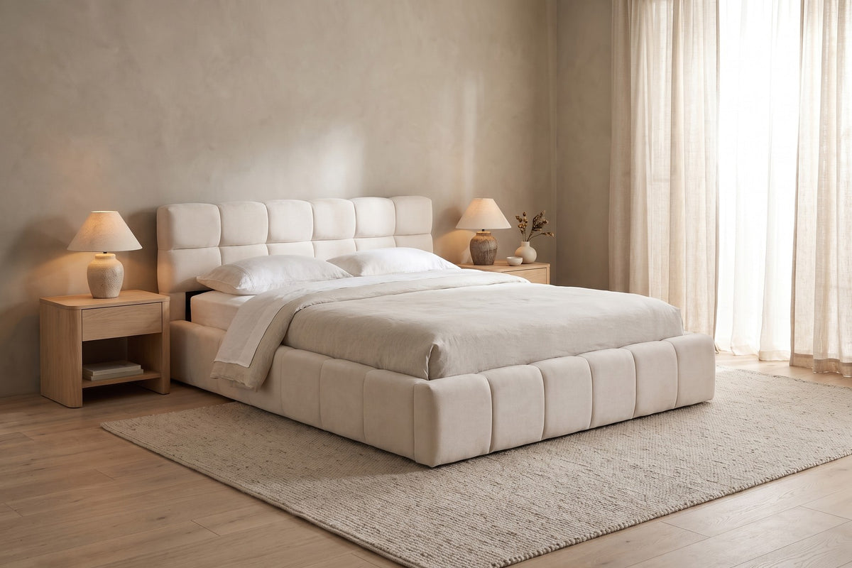 Odette Square-Tufted Chenille Platform Bed – Cream Beige, Queen