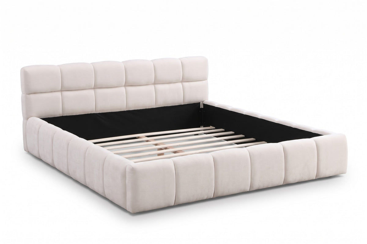 Odette cream-beige chenille queen bed with a square-tufted headboard, three-quarter front view from slightly above on a white background