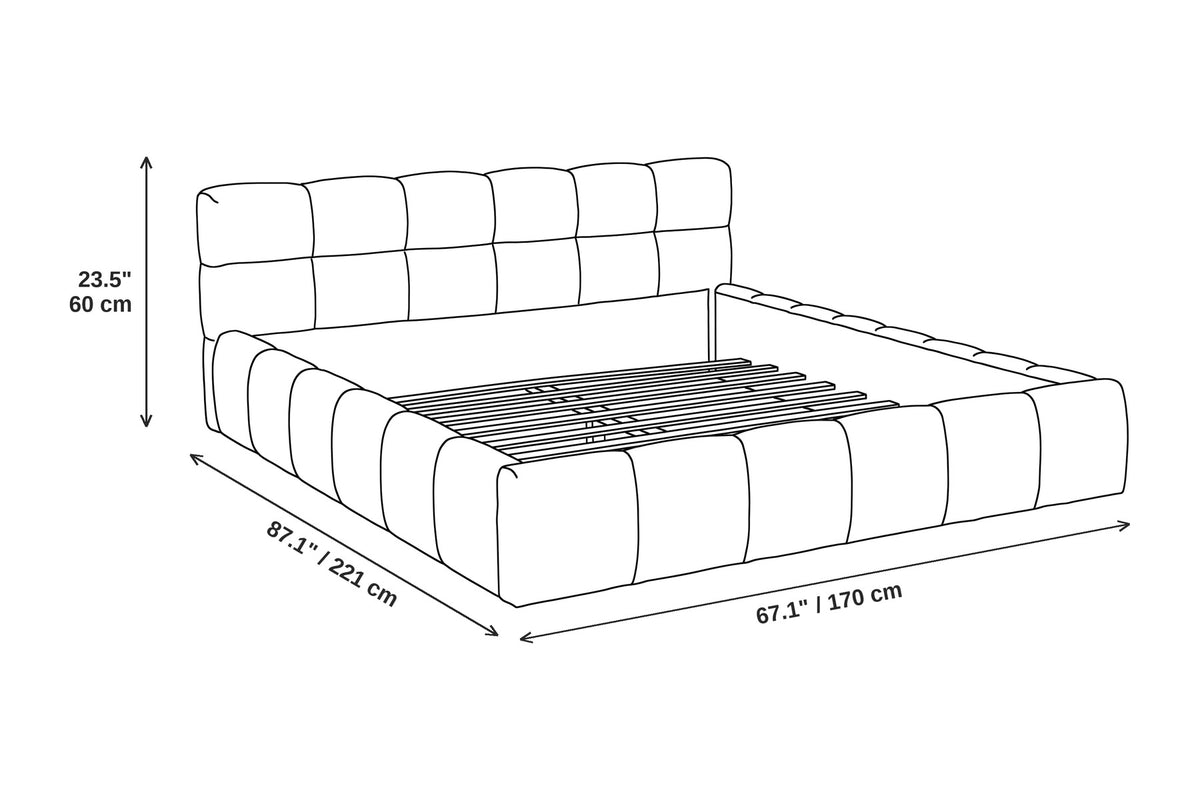 Odette cream-beige chenille queen bed dimensions: 67.1 inches (170 cm) wide, 87.1 inches (221 cm) long and 23.5 inches (60 cm) high