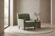 Opéra sage green tufted chenille mid-century armchair in a calm, daylit living room