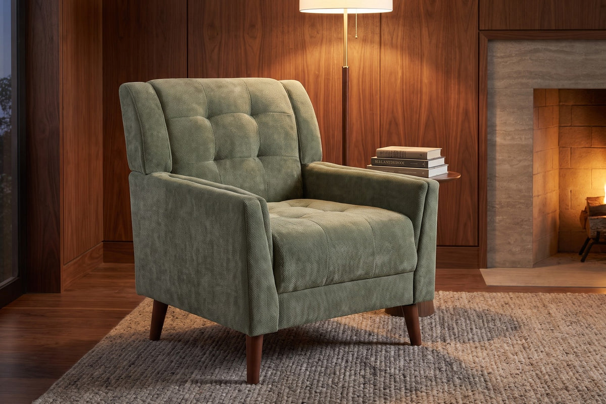 Opéra Tufted Chenille Armchair – Sage Green, Walnut-Finish Wood Legs