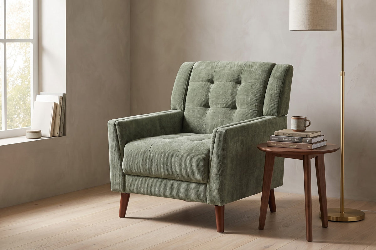 Daylight. Beside a side table, the button-tufted back reads soft and tailored.