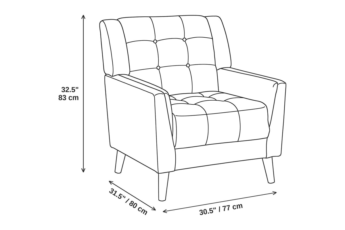 Opéra sage green tufted chenille mid-century armchair dimensions: 30.5 inches wide, 31.5 inches deep and 32.5 inches high