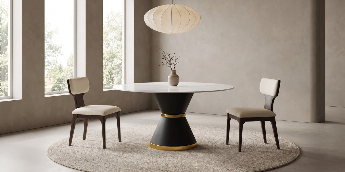 Orsay round sintered stone dining table with beige chenille chairs in a calm daylit dining room with a paper pendant lamp