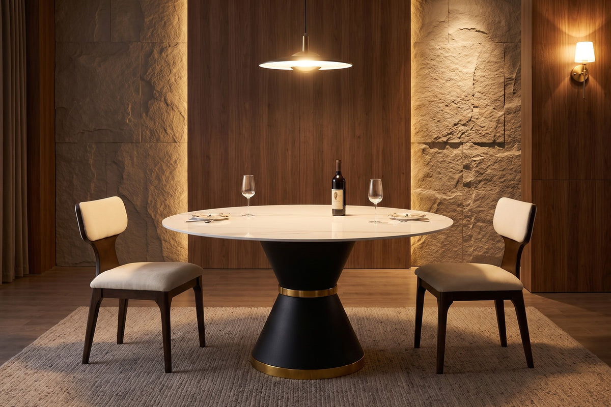 Orsay Round Sintered Stone Dining Table – Sculptural Pedestal, Effortless Care
