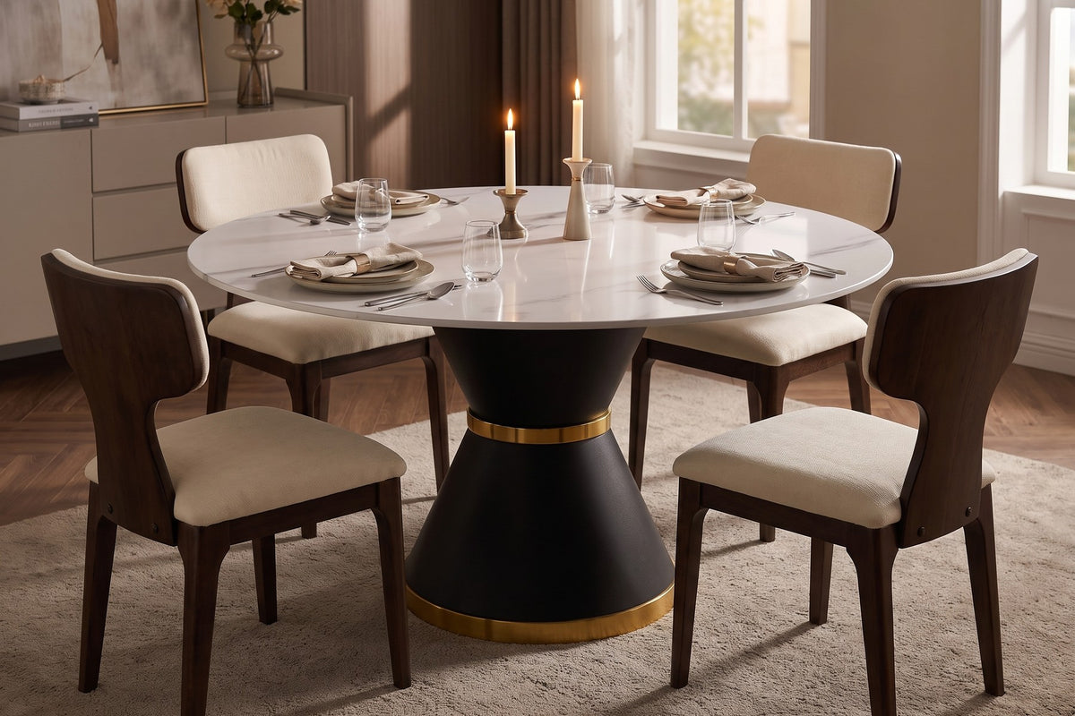Orsay round dining table set for dinner for four with candles and beige chenille chairs
