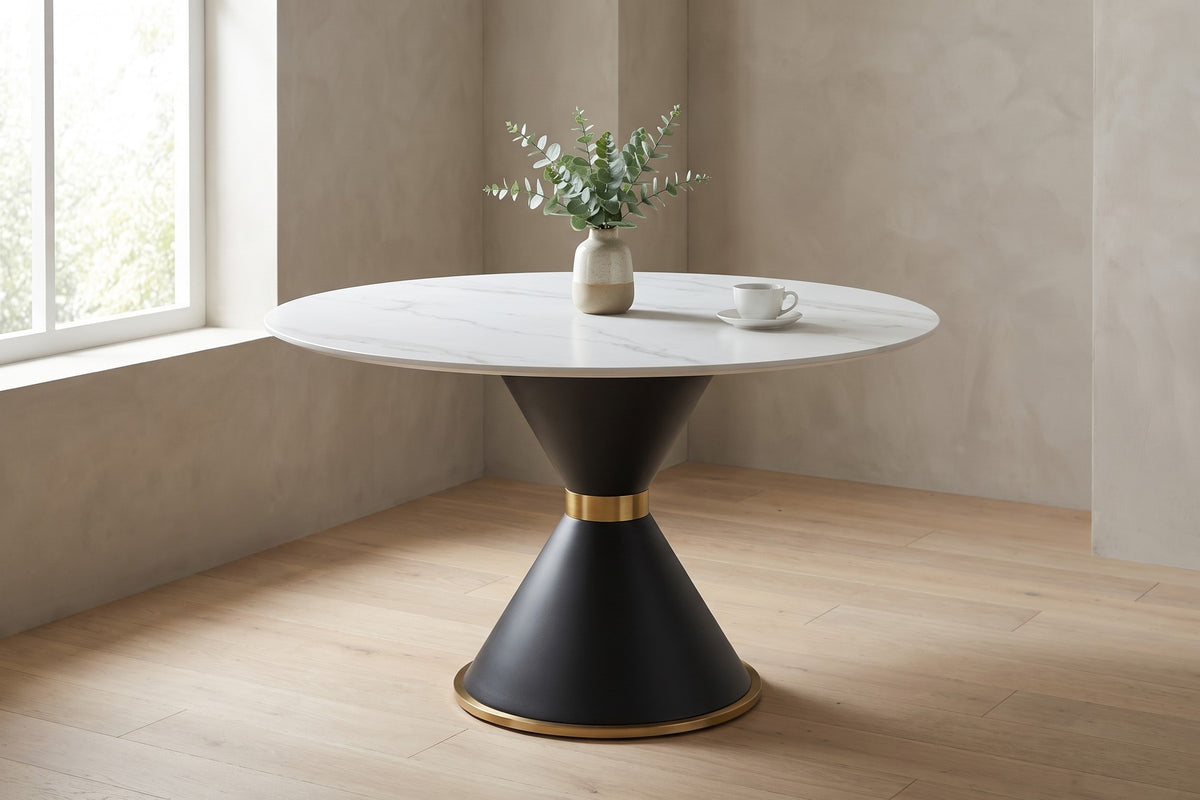 Orsay Round Sintered Stone Dining Table – Sculptural Pedestal, Effortless Care