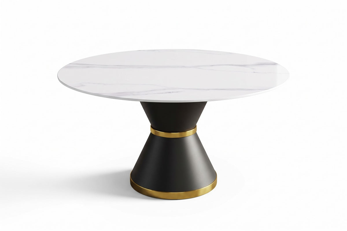 Orsay round sintered stone dining table, three-quarter view on a white background