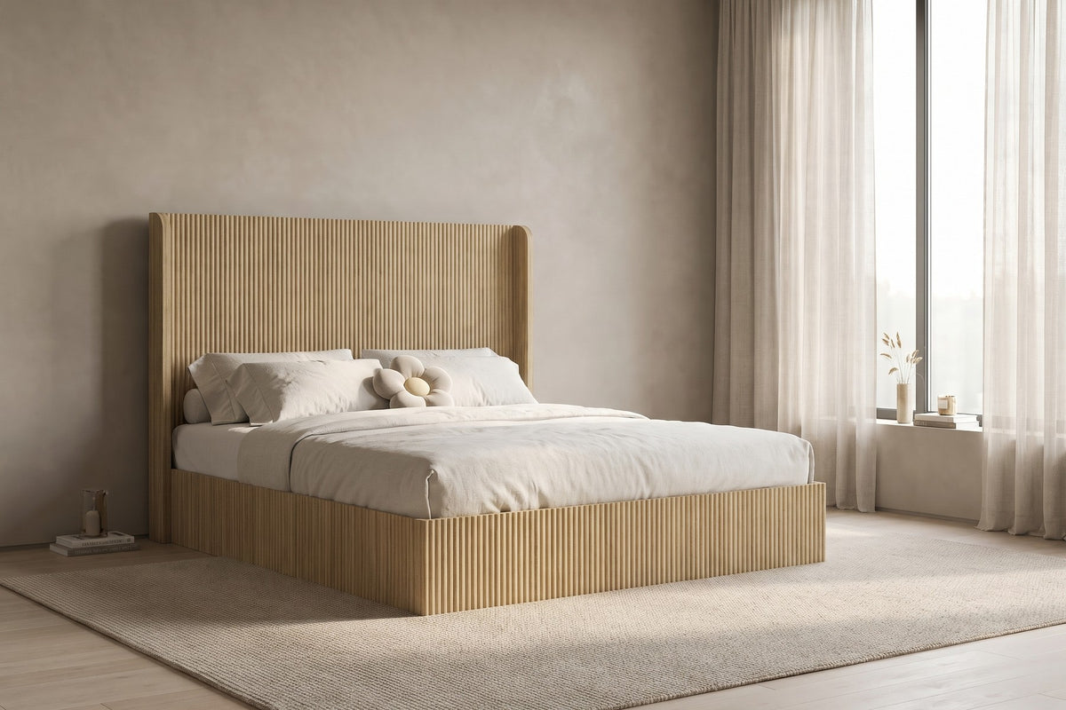 Palais Fluted Wingback Platform Bed – Natural Wood-Grain Finish, King