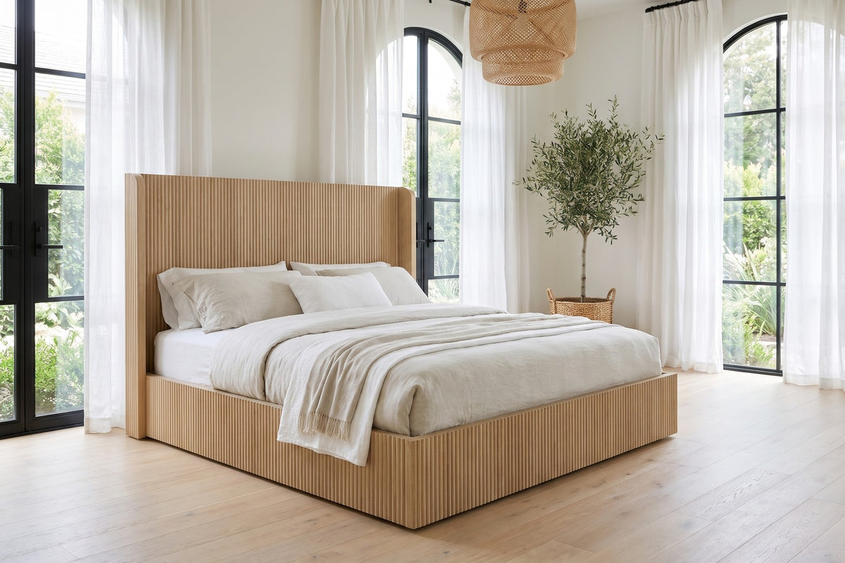 Palais Fluted Wingback Platform Bed – Natural Wood-Grain Finish, King