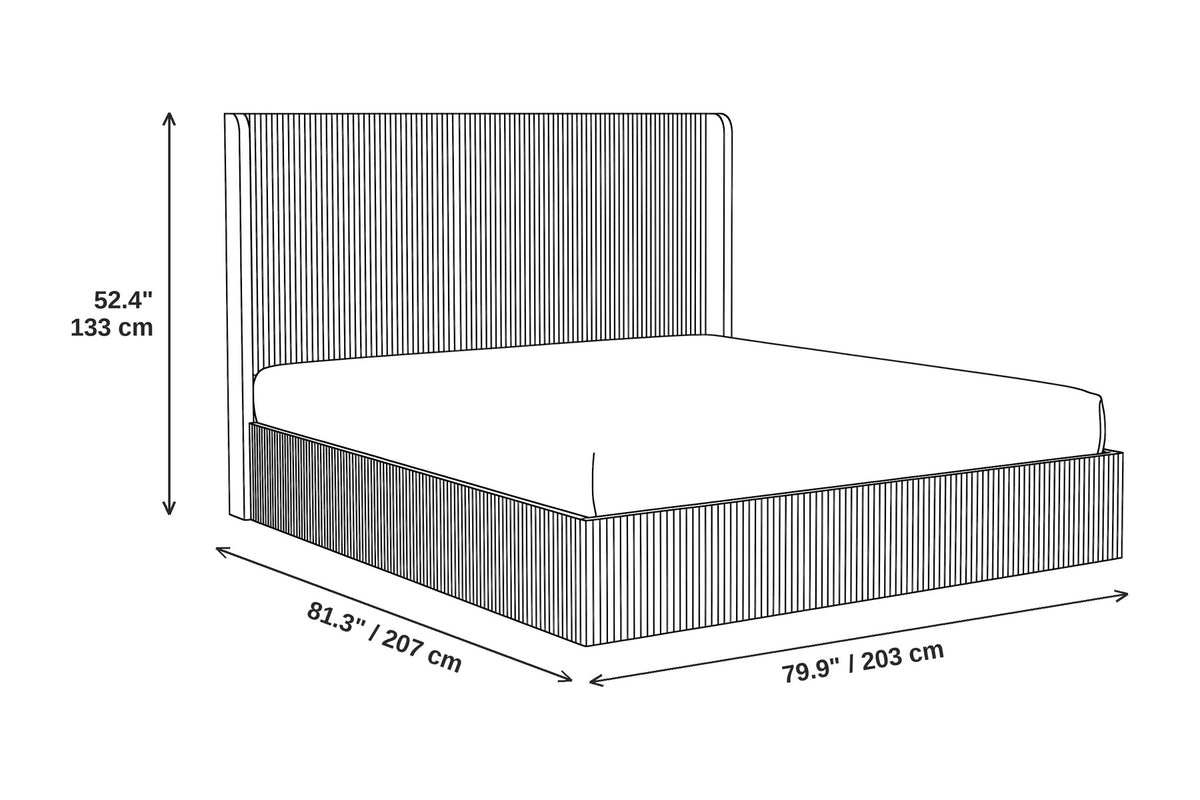 Palais fluted wingback king platform bed in a natural wood-grain finish dimensions: 79.9 inches wide, 81.3 inches long and 52.4 inches high