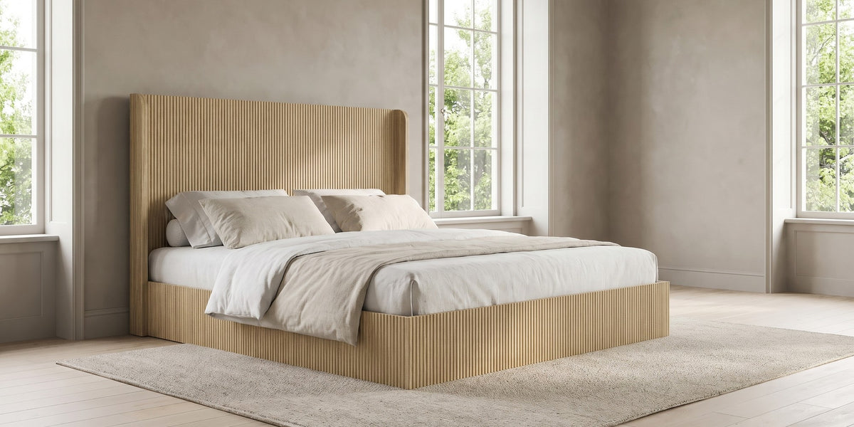 Palais fluted wingback king platform bed in a natural wood-grain finish in a wide room view