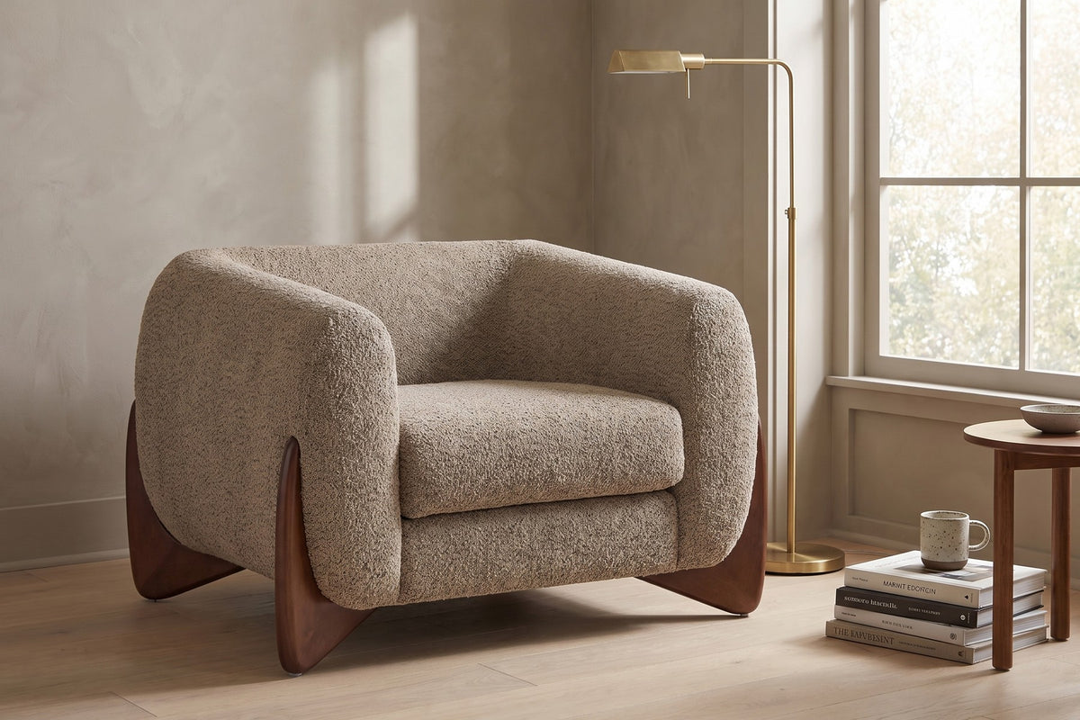 Passy Bouclé Tuxedo Accent Chair – Sculpted Walnut-Finish Legs