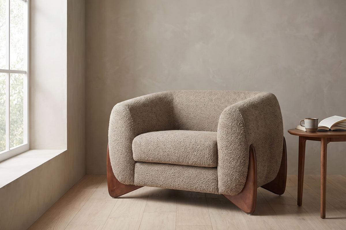 Passy Bouclé Tuxedo Accent Chair – Sculpted Walnut-Finish Legs