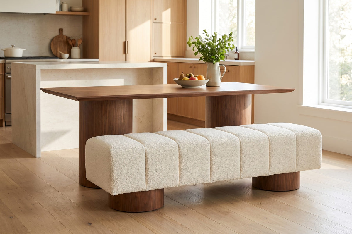 Pigalle 61" Channel Bouclé Bench – Cream, Walnut-Tone Drum Legs