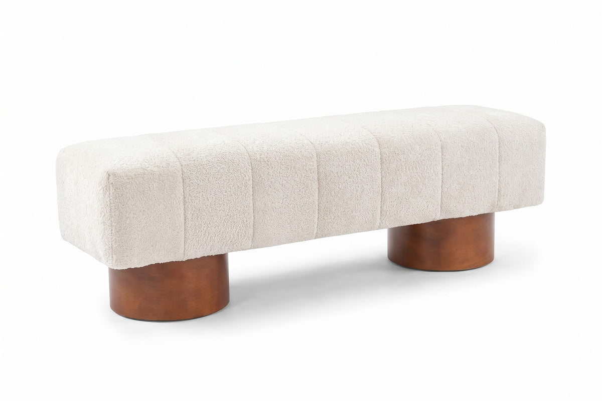 Pigalle 61" Channel Bouclé Bench – Cream, Walnut-Tone Drum Legs