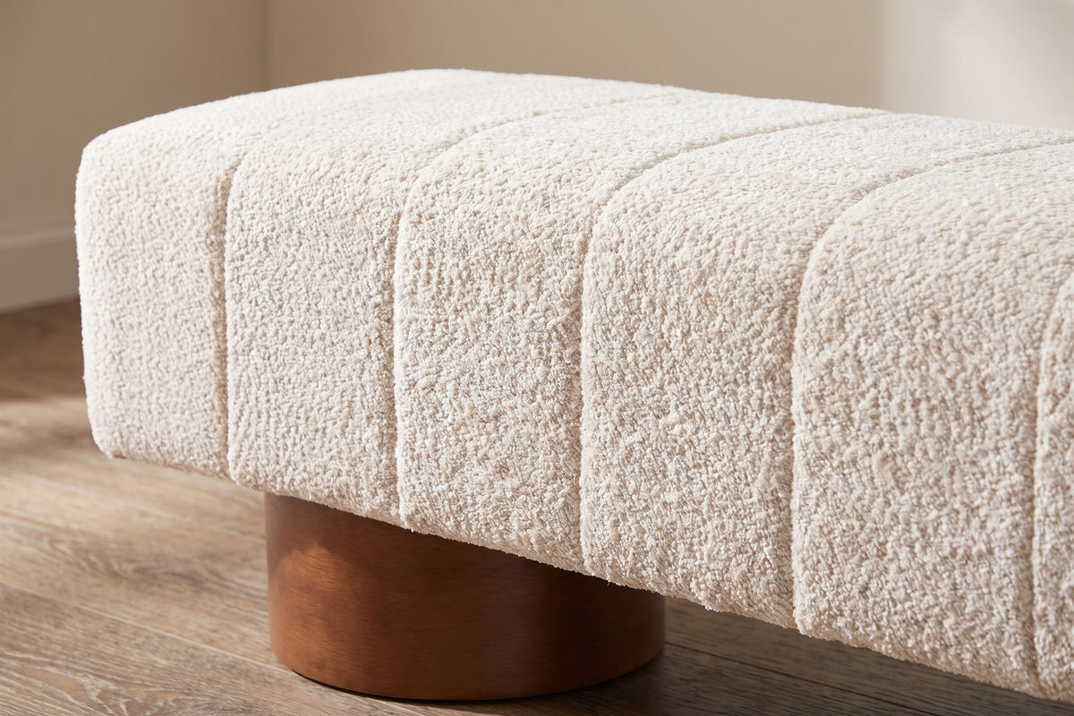 Pigalle 61" Channel Bouclé Bench – Cream, Walnut-Tone Drum Legs