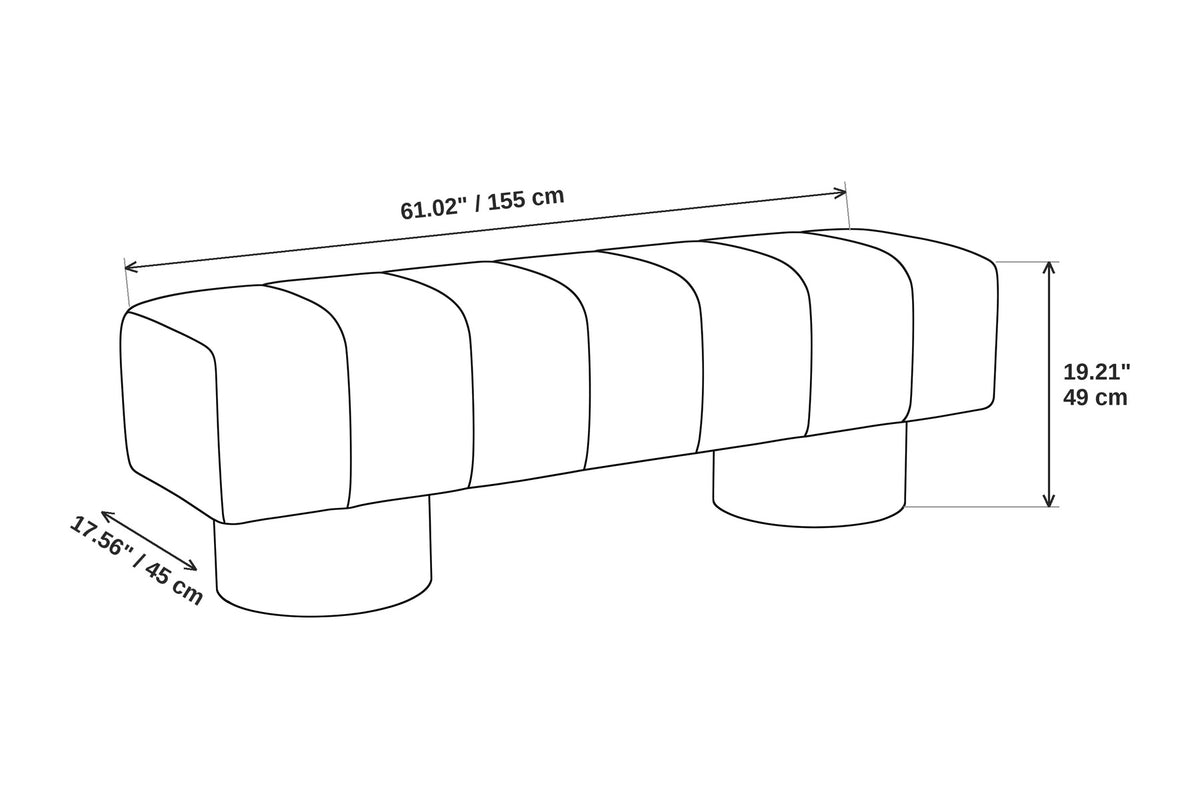 Pigalle cream bouclé channel bench dimensions: 61.02 inches (155 cm) wide, 17.56 inches (45 cm) deep and 19.21 inches (49 cm) high