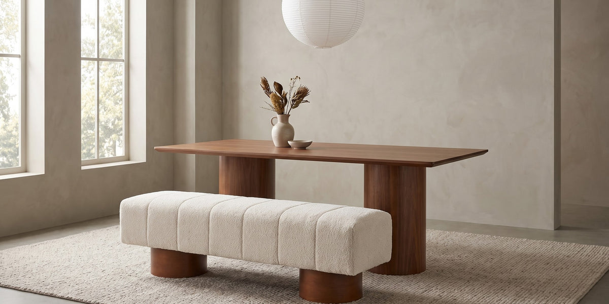 Pigalle cream bouclé channel bench with walnut-tone drum legs in a wide, calm dining room