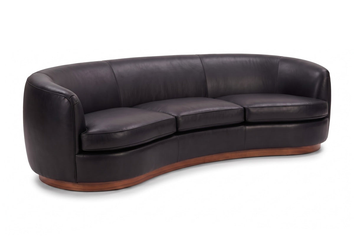 Pornic 94" Curved Leather Sofa – Crescent Back, Rounded Arms, Walnut-Finish Plinth