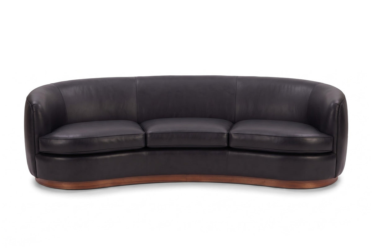 Pornic 94" Curved Leather Sofa – Crescent Back, Rounded Arms, Walnut-Finish Plinth
