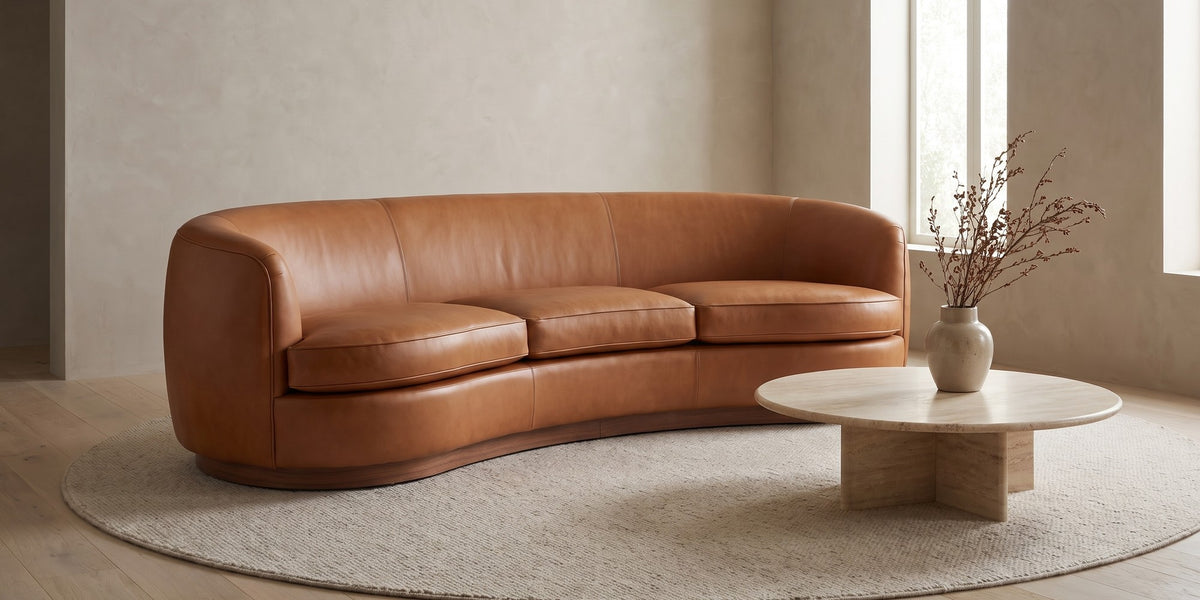 Pornic Cognac Curved Leather Sofa banner