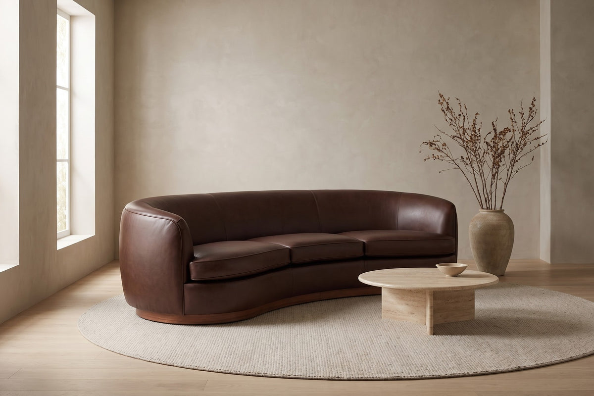 Pornic Curved Leather Sofa in Chocolate, in a room setting