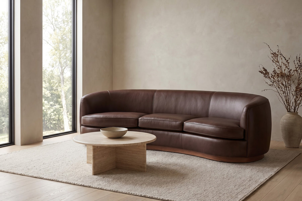 Pornic Curved Leather Sofa in Chocolate, in a living space