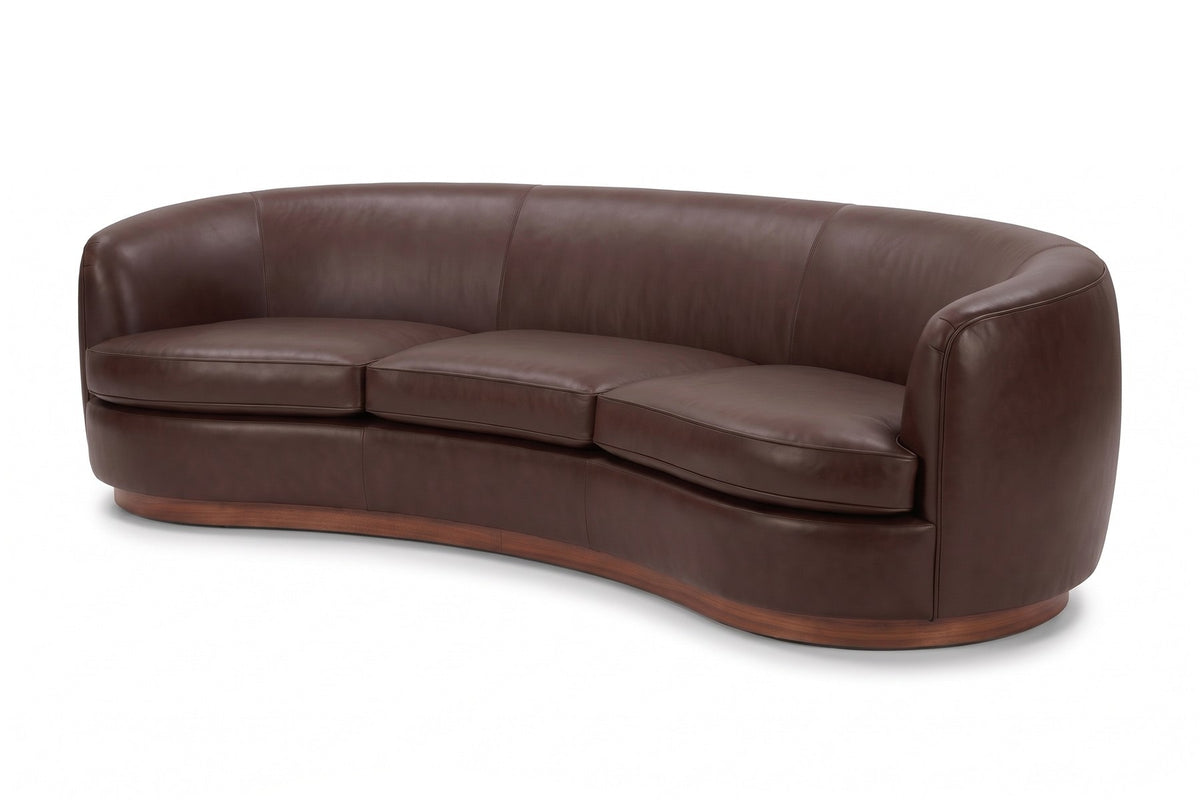 Pornic Curved Leather Sofa in Chocolate, three-quarter view on white