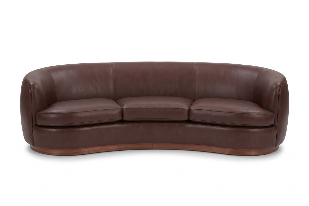 Pornic 94" Curved Leather Sofa – Crescent Back, Rounded Arms, Walnut-Finish Plinth
