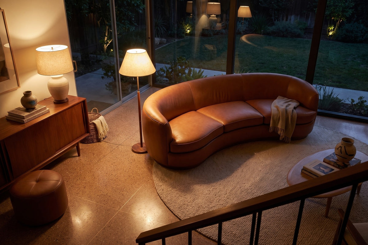 Pornic 94" Curved Leather Sofa – Crescent Back, Rounded Arms, Walnut-Finish Plinth