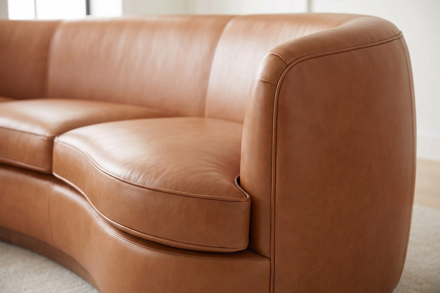 Pornic Cognac Curved Leather Sofa: close-up of a rounded arm end where the tight cognac leather back wraps round without a break