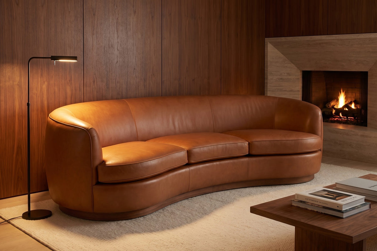 Pornic Cognac Curved Leather Sofa in a room setting