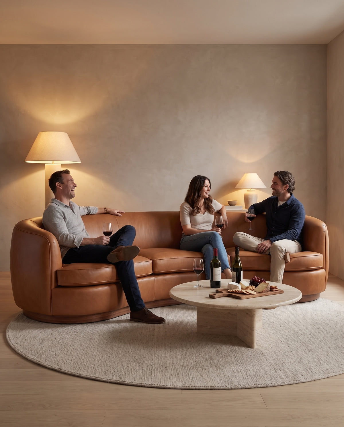 Pornic Cognac Curved Leather Sofa in everyday use at home