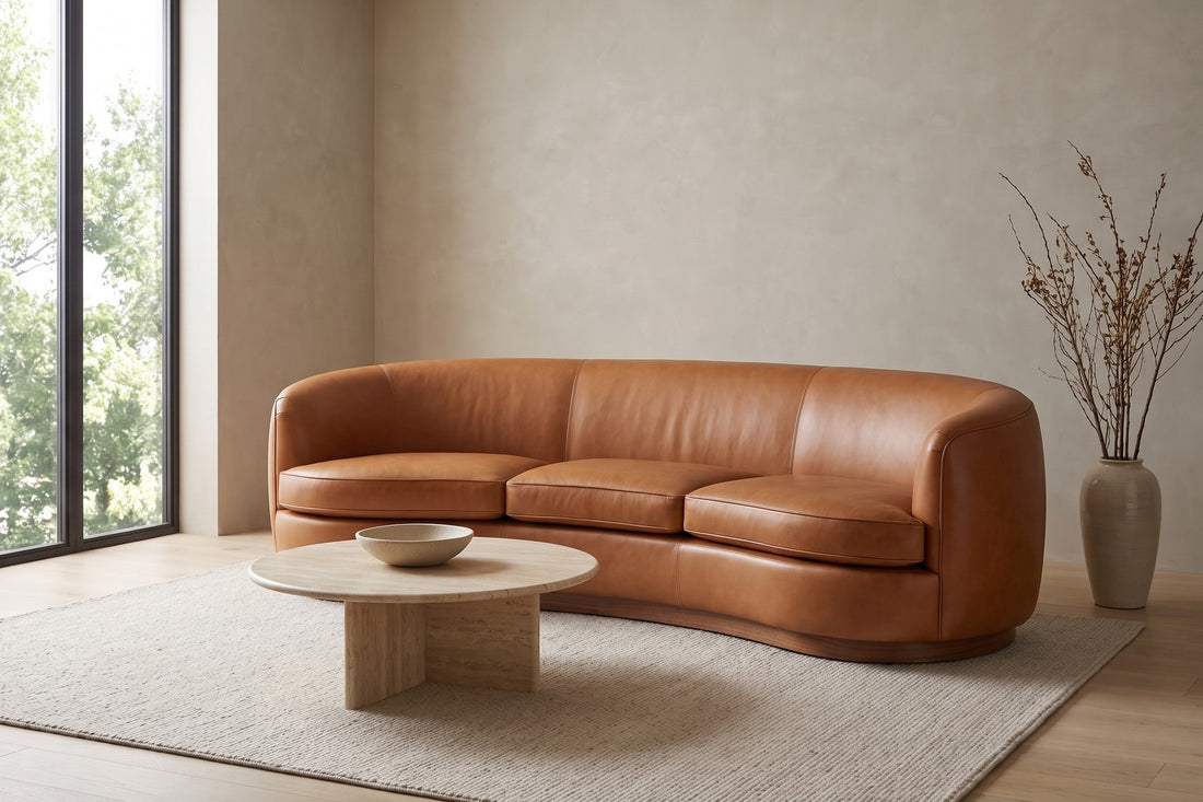 Pornic Cognac Curved Leather Sofa in a living space
