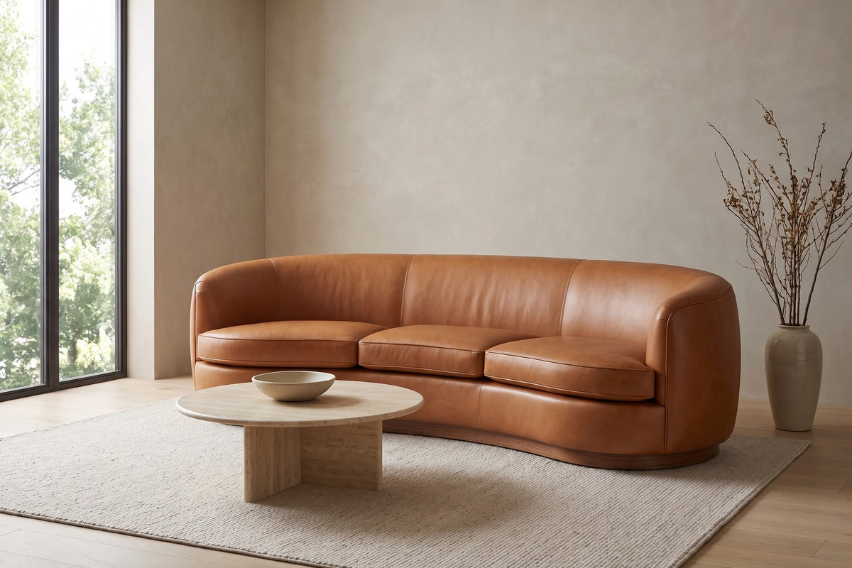 Pornic Cognac Curved Leather Sofa in a living space