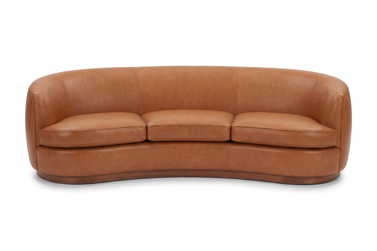 Pornic Cognac Curved Leather Sofa, straight front view at seat height, showing the whole crescent curve with both ends coming forward